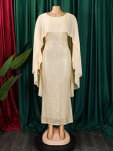 Chiffon Cape Sequin Elegant Party Gown